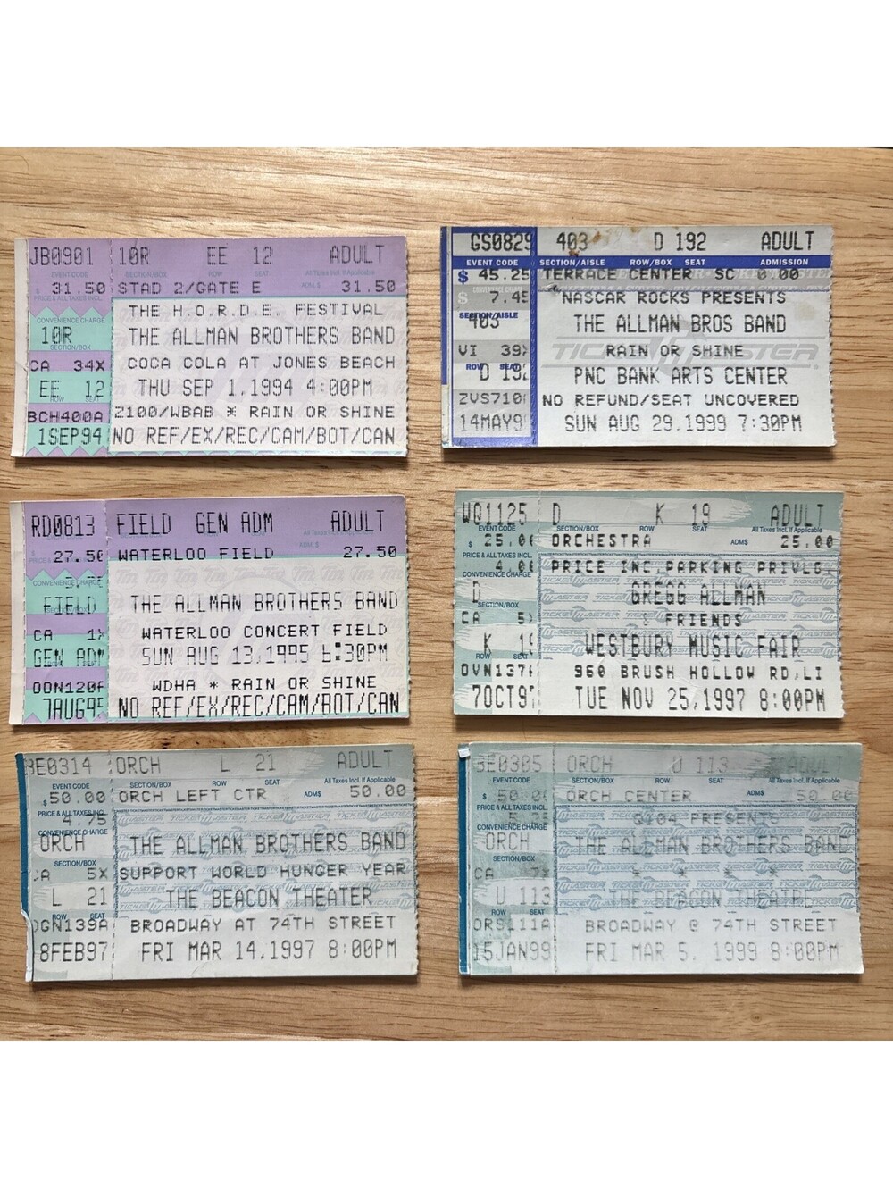 Vintage Allman Brothers/ Gregg Allman Ticket Stubs-Lot Of 6-NY-1990’s